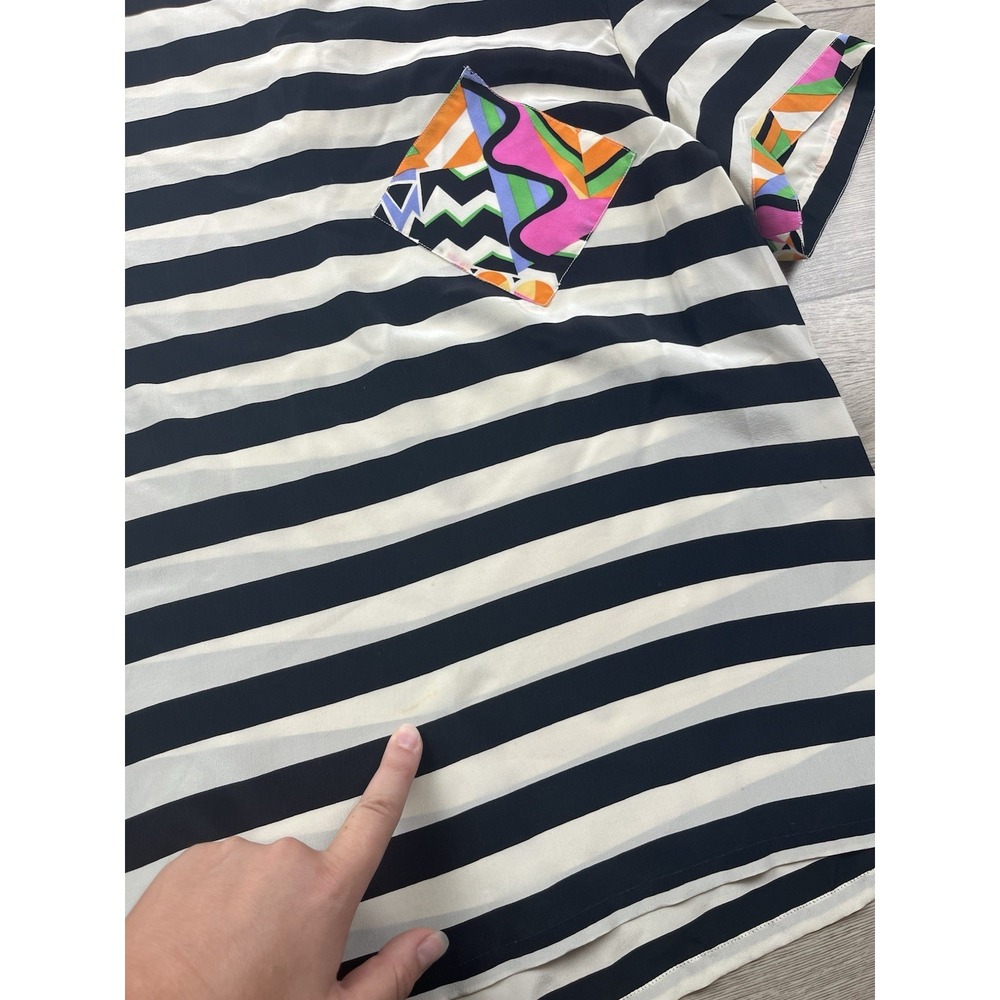 Vintage Blouse Top Emporio By Oleg Cassini 100% Silk Striped 80's Pocket - Picture 6 of 14